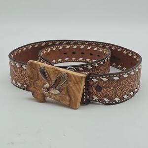 Vintage "BOB" handmade tooled leather 35 brown western belt with MT‎ belt buckle